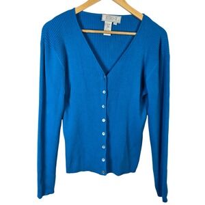 EURO-X Blue Ribbed Silk Blend V Neck Button‎ Front Cardigan Sweater Women's L
